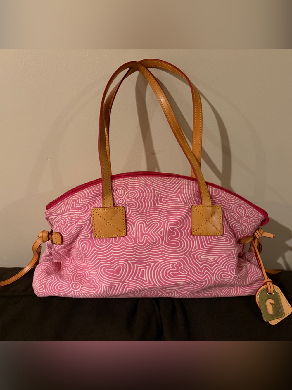 Dooney & Bourke Pink Patterned Canvas Shoulder Bag with Tan Leather Straps